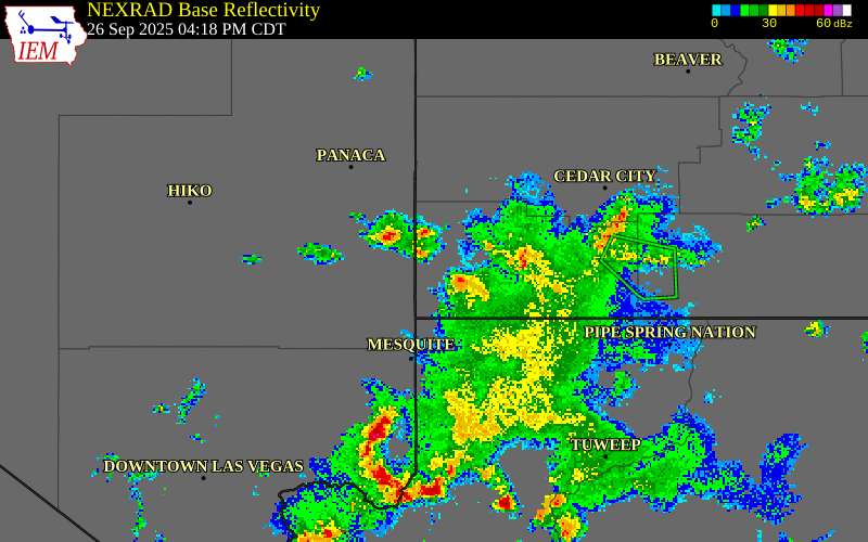 NEXRAD radar during the Friday, September 26, 2025 storm activity in Washington County, Utah