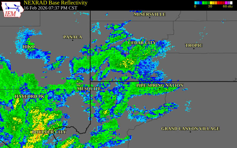 NEXRAD radar during the Monday, February 16, 2026 storm activity in Washington County, Utah