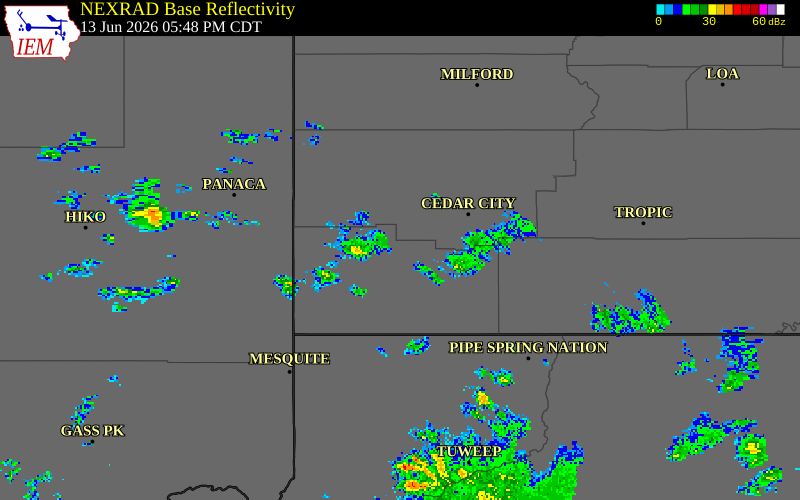 NEXRAD radar during the Saturday, June 13, 2026 storm activity in Washington County, Utah