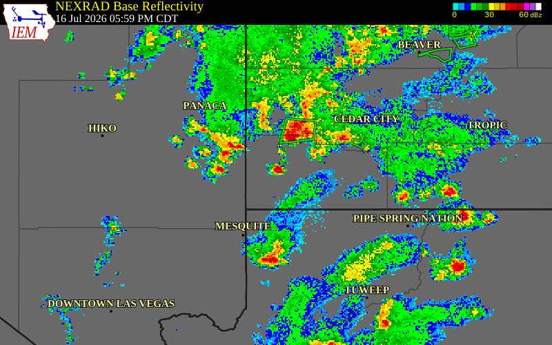 NEXRAD radar during the Thursday, July 16, 2026 storm activity in Washington County, Utah