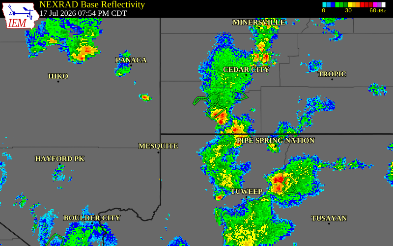 NEXRAD radar during the Friday, July 17, 2026 storm activity in Washington County, Utah