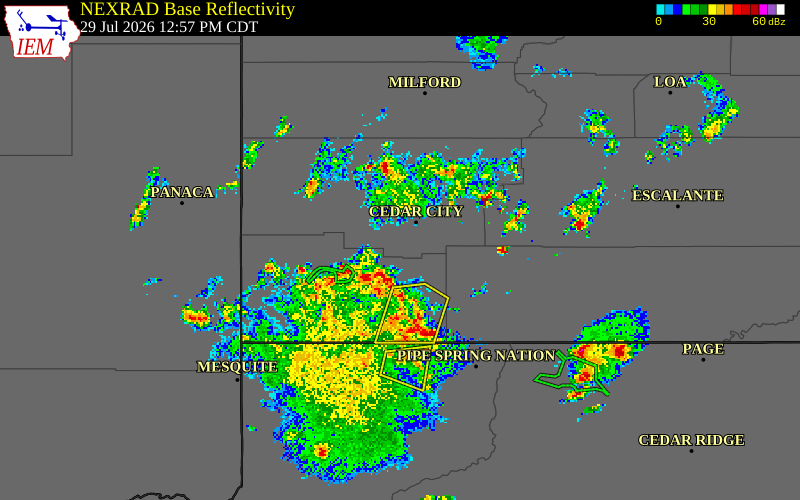 NEXRAD radar during the Wednesday, July 29, 2026 storm activity in Washington County, Utah