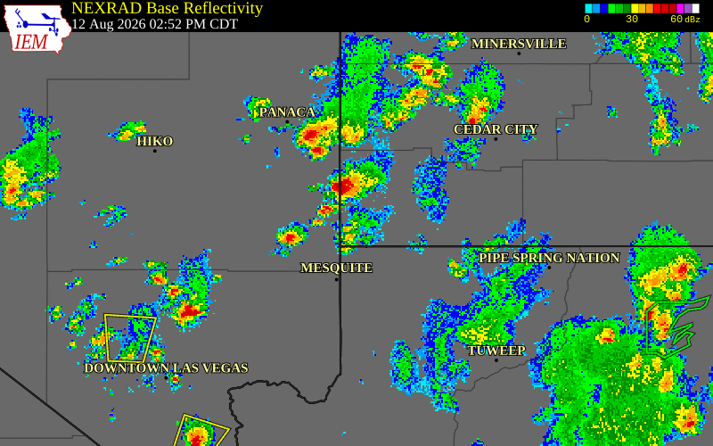 NEXRAD radar during the Wednesday, August 12, 2026 storm activity in Washington County, Utah