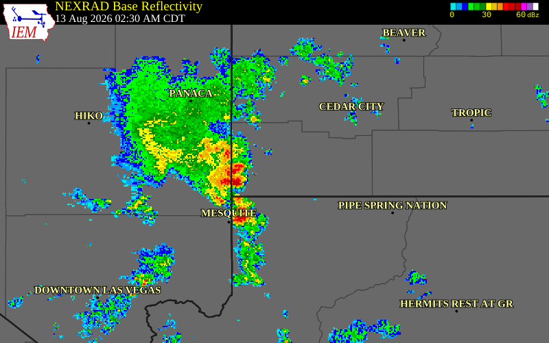 NEXRAD radar during the Thursday, August 13, 2026 storm activity in Washington County, Utah