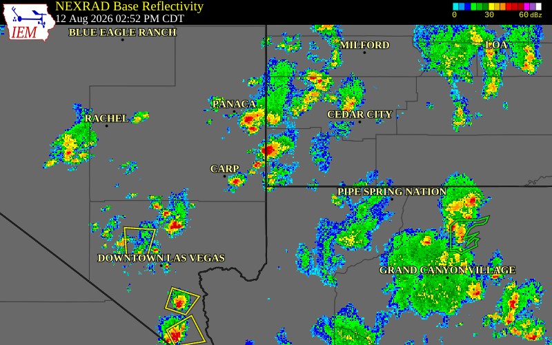 Radar snapshot during the Aug 12, 2026 wind event near 12 SSE Motoqua, Washington County, Utah, with NWS warning polygons