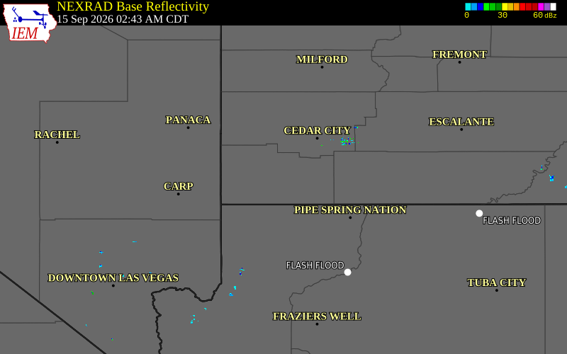 Current NEXRAD radar over Washington County, Utah with recent storm report locations