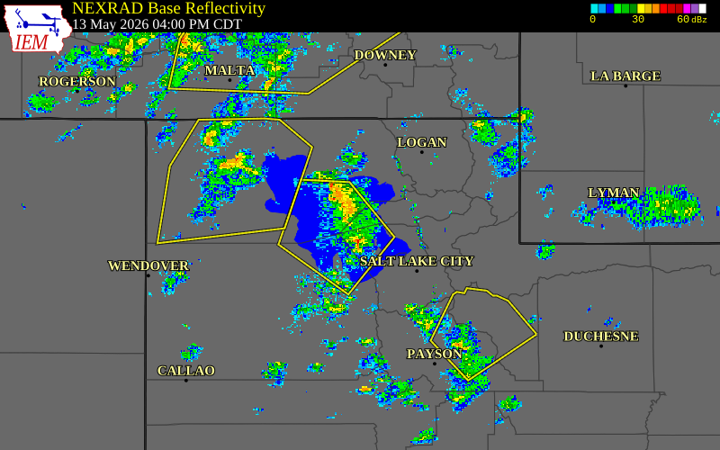 Radar snapshot during the May 13, 2026 wind event near 11 W Hooper, Weber County, Utah, with NWS warning polygons