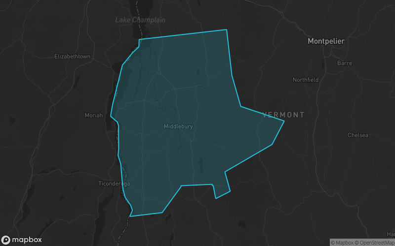 Map of Addison County, Vermont showing the county boundary and surrounding cities