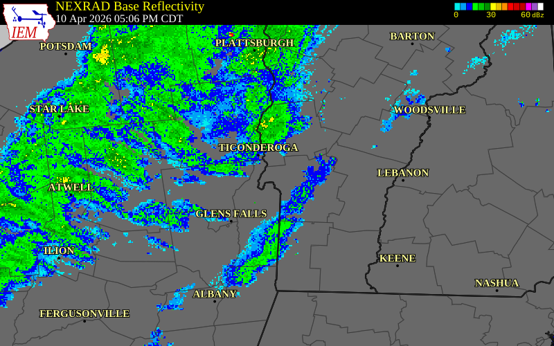 NEXRAD radar during the Friday, April 10, 2026 storm activity in Addison County, Vermont