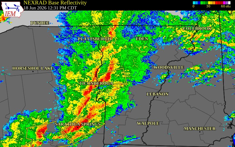 NEXRAD radar during the Thursday, June 18, 2026 storm activity in Addison County, Vermont