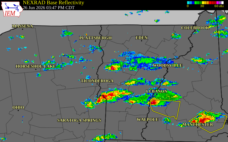 NEXRAD radar during the Friday, June 26, 2026 storm activity in Addison County, Vermont