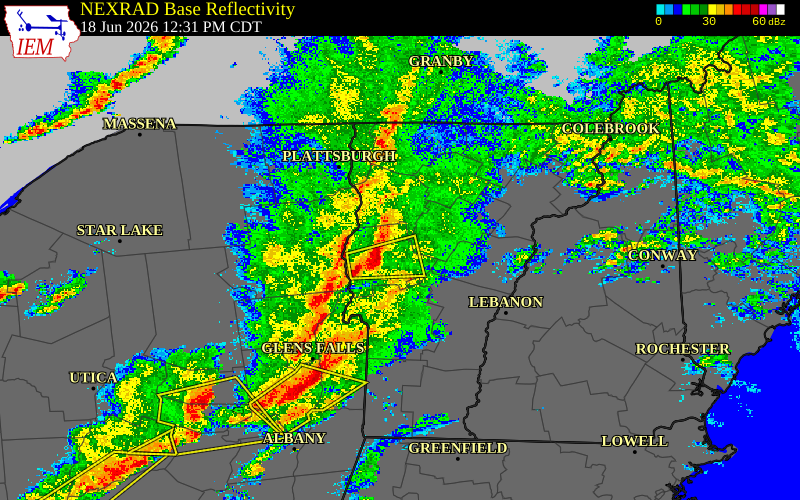 Radar snapshot during the Jun 18, 2026 tornado event near 1 WSW Lincoln, Addison County, Vermont, with NWS warning polygons