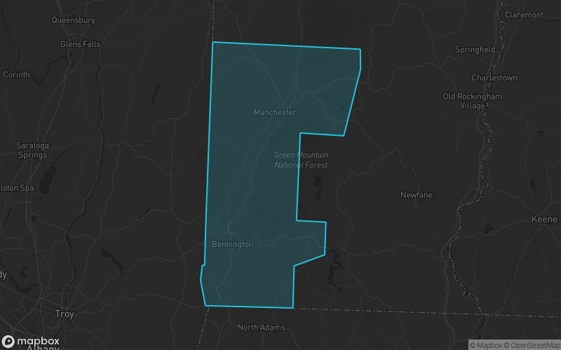 Map of Bennington County, Vermont showing the county boundary and surrounding cities