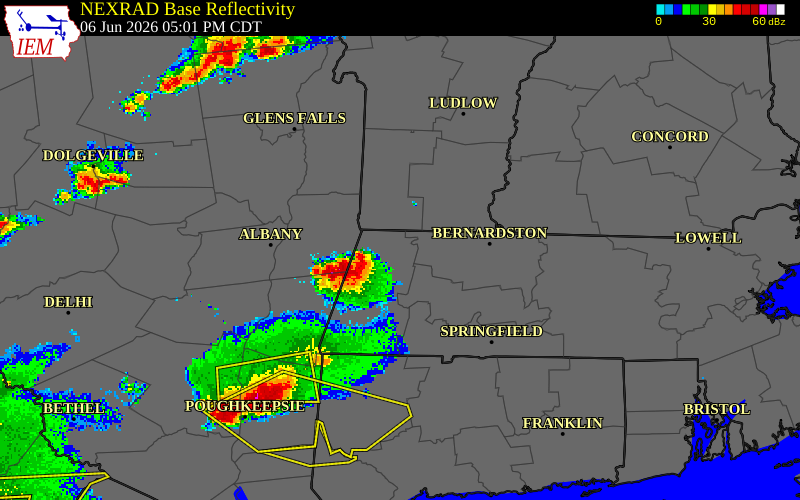 NEXRAD radar during the Saturday, June 6, 2026 storm activity in Bennington County, Vermont