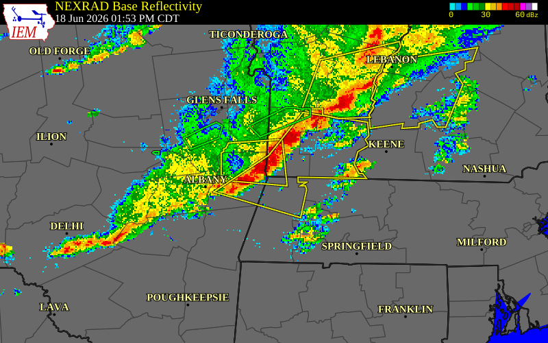 NEXRAD radar during the Thursday, June 18, 2026 storm activity in Bennington County, Vermont