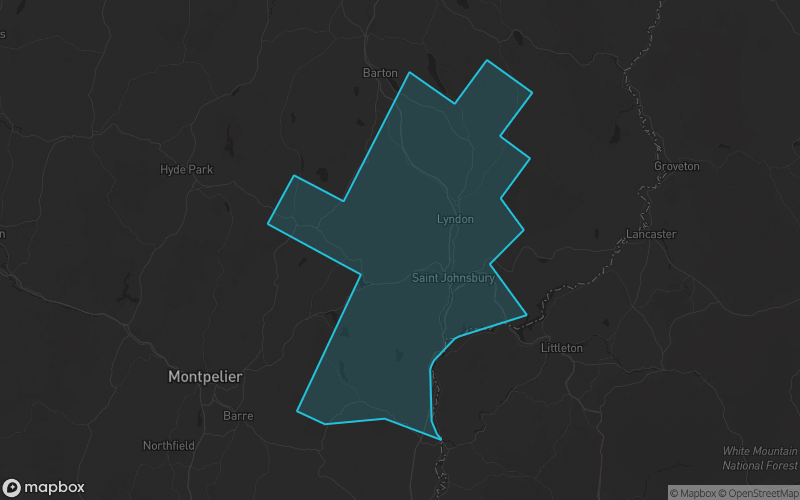 Map of Caledonia County, Vermont showing the county boundary and surrounding cities