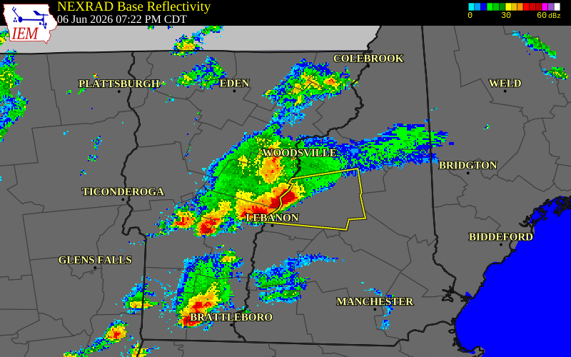 NEXRAD radar during the Saturday, June 6, 2026 storm activity in Caledonia County, Vermont