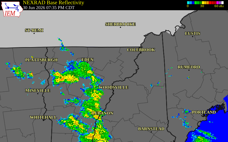 NEXRAD radar during the Tuesday, June 30, 2026 storm activity in Caledonia County, Vermont