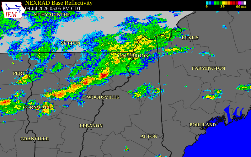 NEXRAD radar during the Thursday, July 9, 2026 storm activity in Caledonia County, Vermont