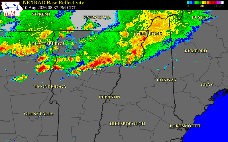 NEXRAD radar during the Monday, August 10, 2026 storm activity in Caledonia County, Vermont