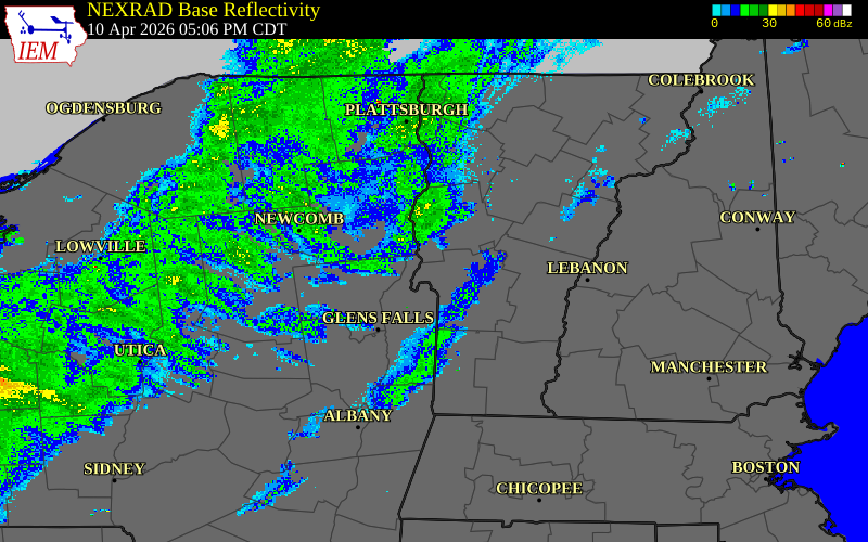 Radar snapshot during the Apr 10, 2026 wind event near Caledonia County, Caledonia County, Vermont, with NWS warning polygons