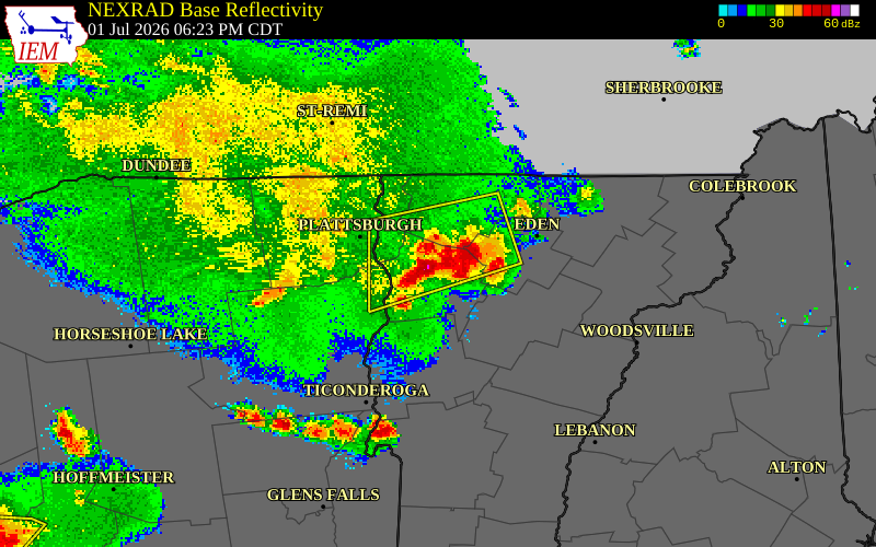 NEXRAD radar during the Wednesday, July 1, 2026 storm activity in Chittenden County, Vermont