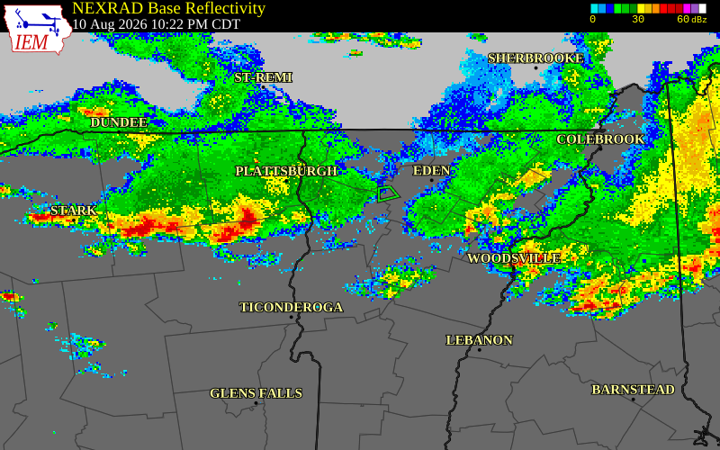 NEXRAD radar during the Monday, August 10, 2026 storm activity in Chittenden County, Vermont