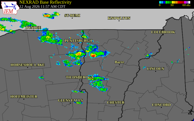 NEXRAD radar during the Wednesday, August 12, 2026 storm activity in Chittenden County, Vermont