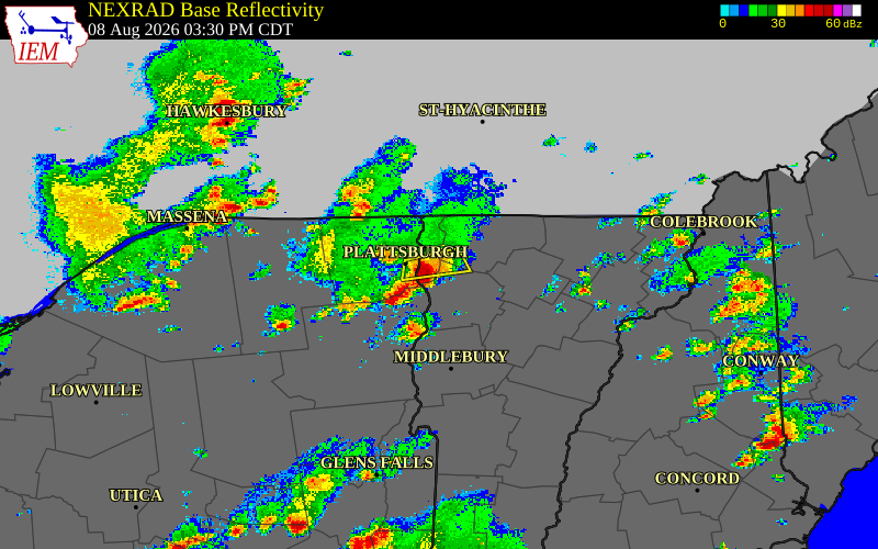 Radar snapshot during the Aug 8, 2026 wind event near Sand Bar State Park, Chittenden County, Vermont, with NWS warning polygons