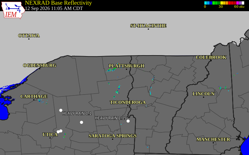 Current NEXRAD radar over Chittenden County, Vermont with recent storm report locations