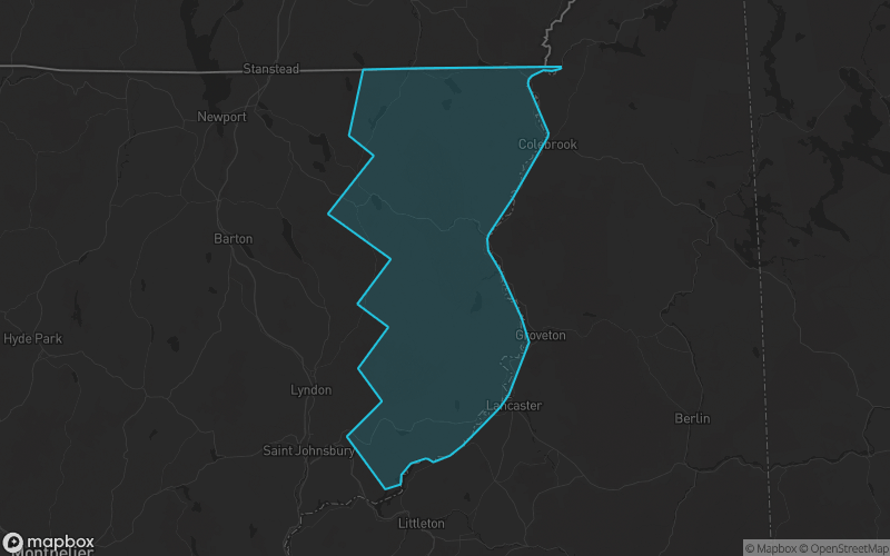 Map of Essex County, Vermont showing the county boundary and surrounding cities