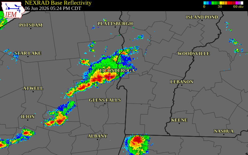 NEXRAD radar during the Saturday, June 6, 2026 storm activity in Essex County, Vermont
