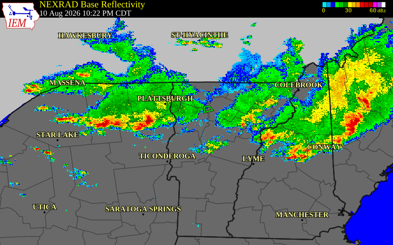 Radar snapshot during the Aug 10, 2026 wind event near Essex County, Essex County, Vermont, with NWS warning polygons