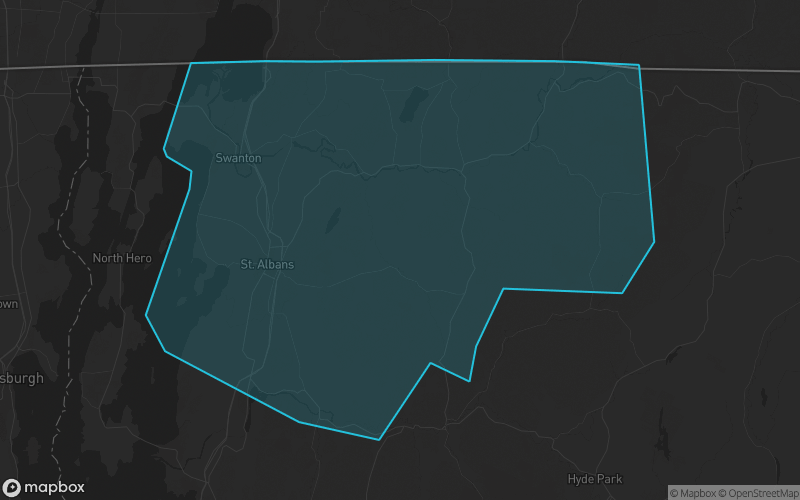 Map of Franklin County, Vermont showing the county boundary and surrounding cities