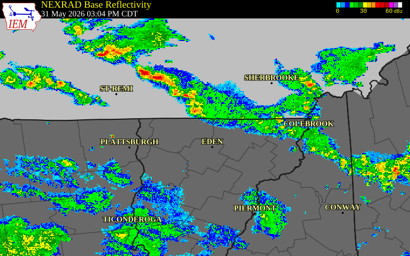 NEXRAD radar during the Sunday, May 31, 2026 storm activity in Franklin County, Vermont