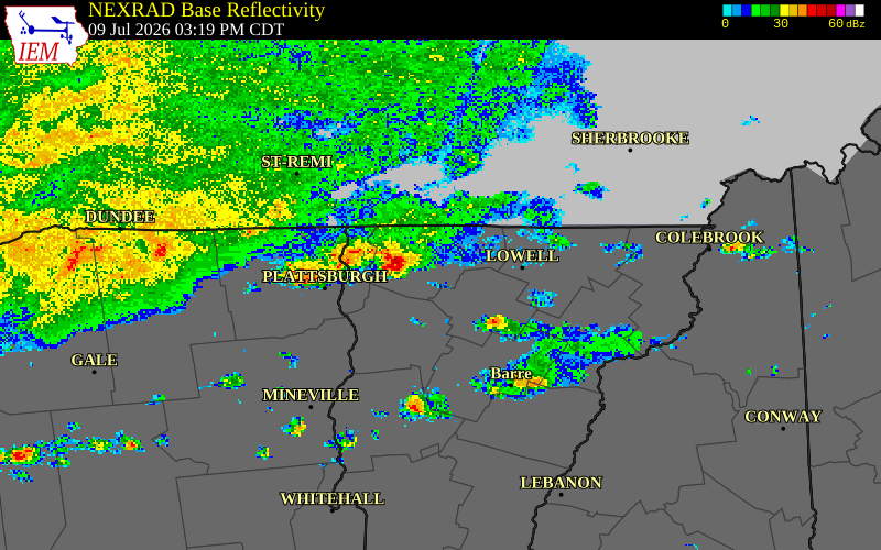 NEXRAD radar during the Thursday, July 9, 2026 storm activity in Franklin County, Vermont