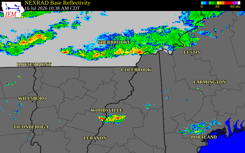 NEXRAD radar during the Thursday, July 16, 2026 storm activity in Franklin County, Vermont