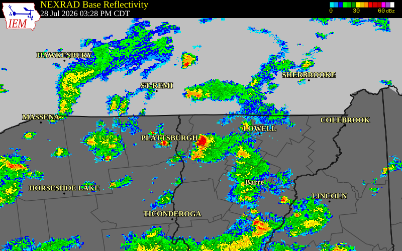 NEXRAD radar during the Tuesday, July 28, 2026 storm activity in Franklin County, Vermont