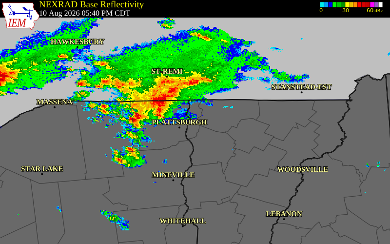 NEXRAD radar during the Monday, August 10, 2026 storm activity in Franklin County, Vermont
