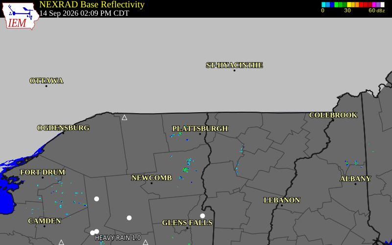Current NEXRAD radar over Franklin County, Vermont with recent storm report locations