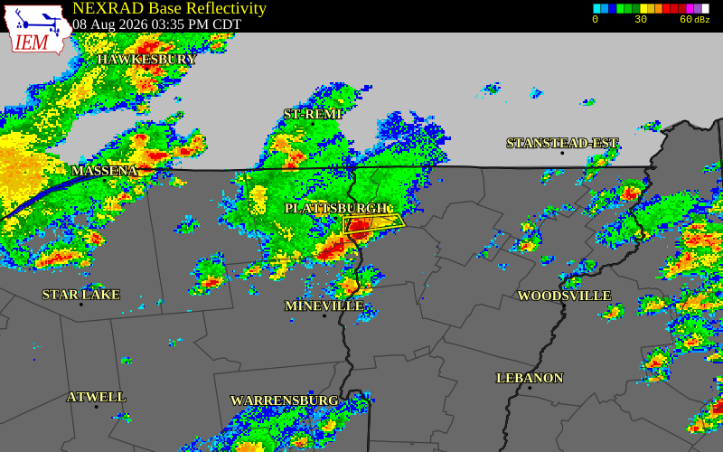 NEXRAD radar during the Saturday, August 8, 2026 storm activity in Grand Isle County, Vermont