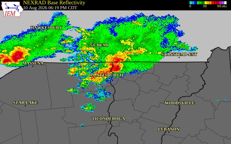 NEXRAD radar during the Monday, August 10, 2026 storm activity in Grand Isle County, Vermont
