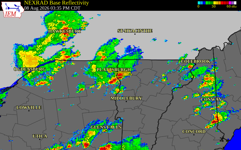 Radar snapshot during the Aug 8, 2026 hail event near South Hero, Grand Isle County, Vermont, with NWS warning polygons