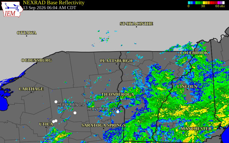 Current NEXRAD radar over Grand Isle County, Vermont with recent storm report locations