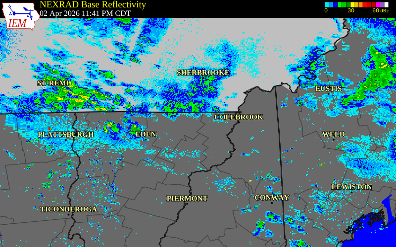 NEXRAD radar during the Friday, April 3, 2026 storm activity in Lamoille County, Vermont