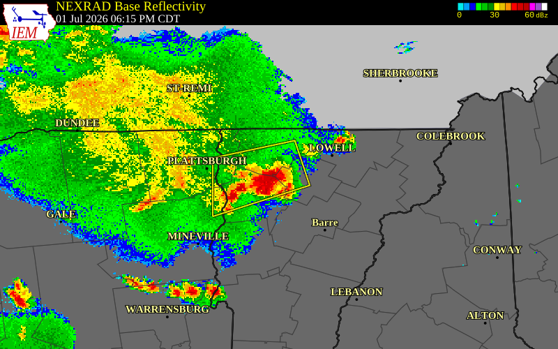 NEXRAD radar during the Wednesday, July 1, 2026 storm activity in Lamoille County, Vermont