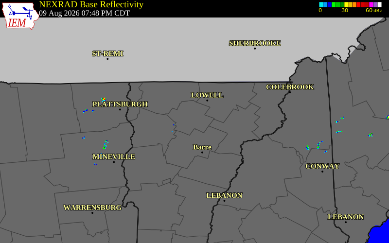 NEXRAD radar during the Sunday, August 9, 2026 storm activity in Lamoille County, Vermont