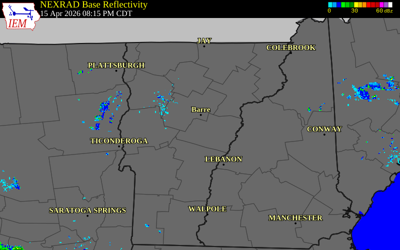 NEXRAD radar during the Wednesday, April 15, 2026 storm activity in Orange County, Vermont