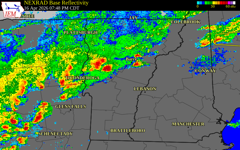 NEXRAD radar during the Thursday, April 16, 2026 storm activity in Orange County, Vermont