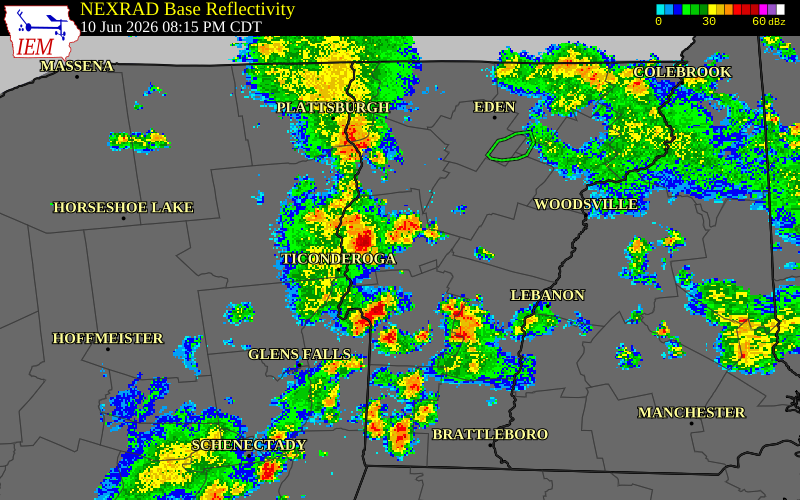 NEXRAD radar during the Wednesday, June 10, 2026 storm activity in Orange County, Vermont